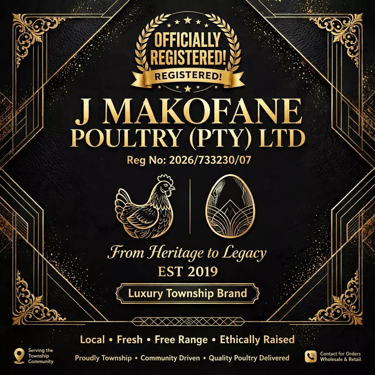 Logo and promotional flyer for J Makofane Poultry registered PTY Ltd