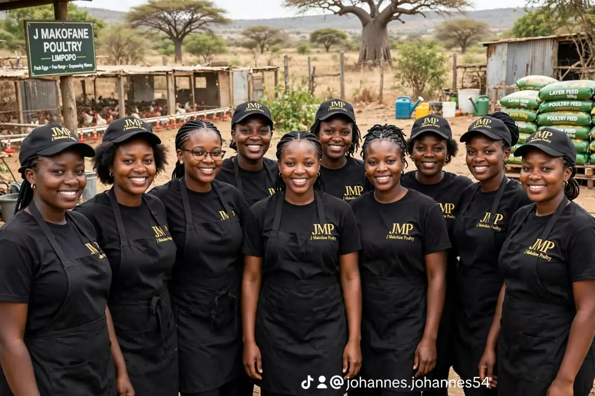 Nine women in matching black uniforms posing proudly at the poultry farm