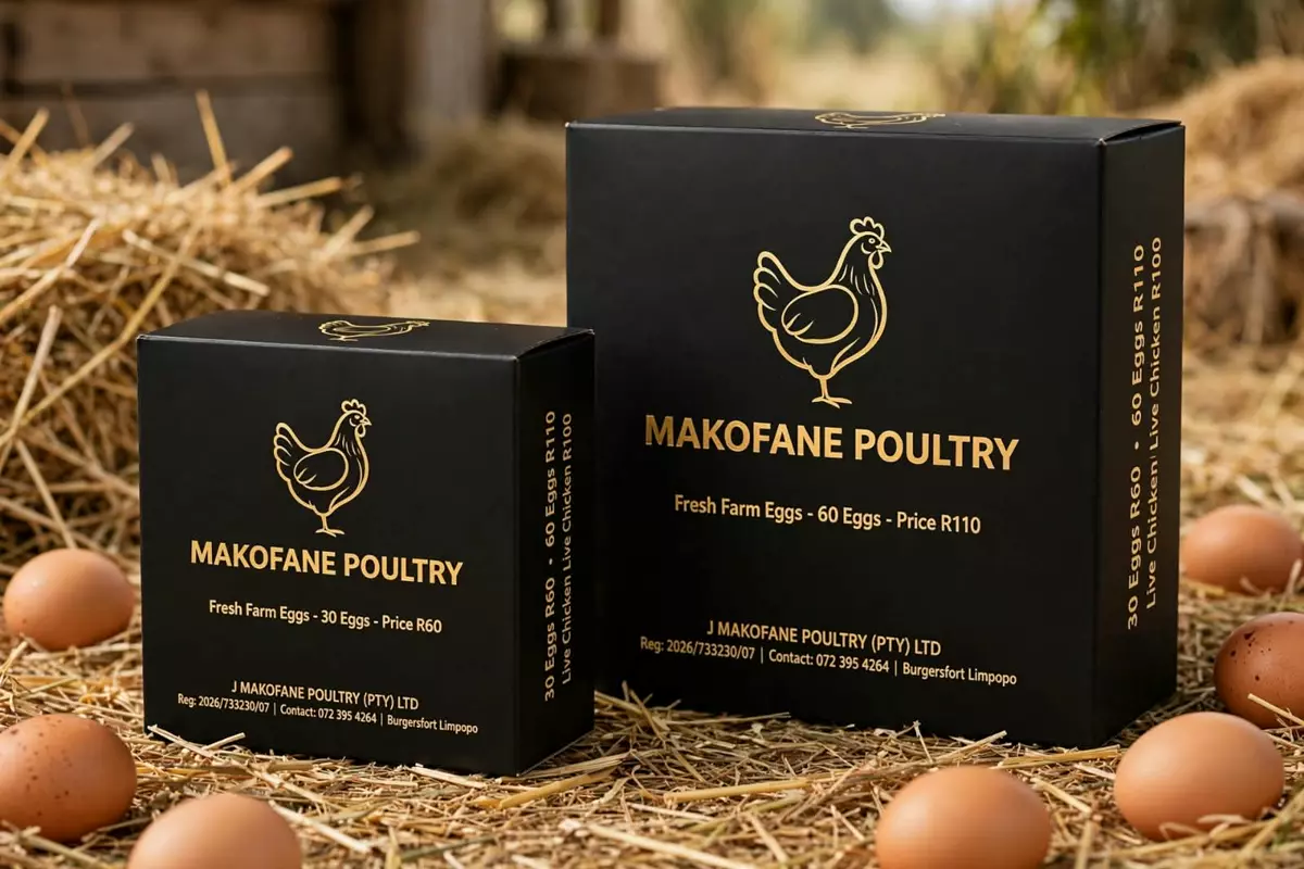 Two black and gold Makofane Poultry branded boxes surrounded by fresh brown eggs on straw