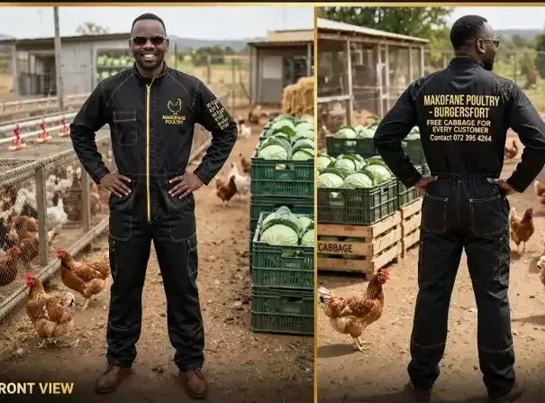 Man in branded black jumpsuit standing in a poultry farm with chickens and cabbage crates