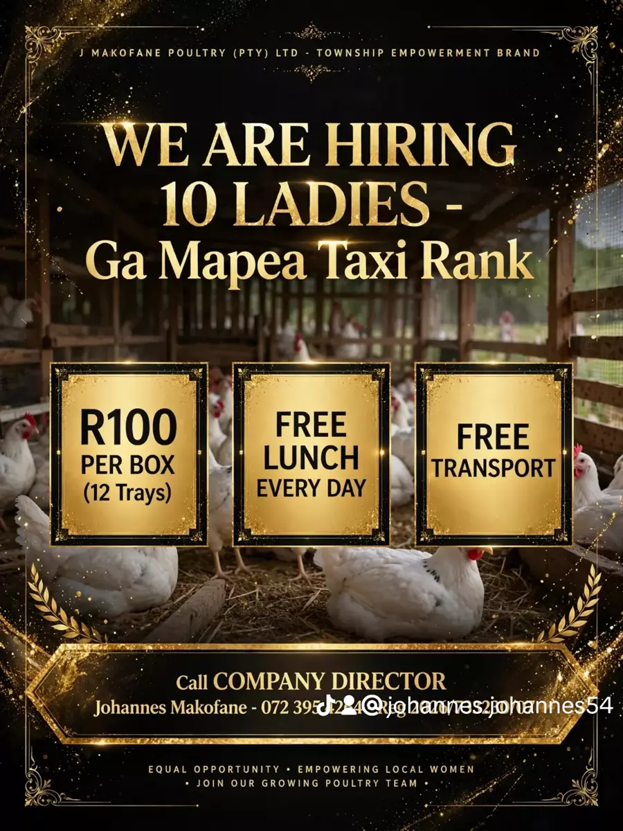 Hiring flyer for J Makofane Poultry featuring a chicken coop background and gold text
