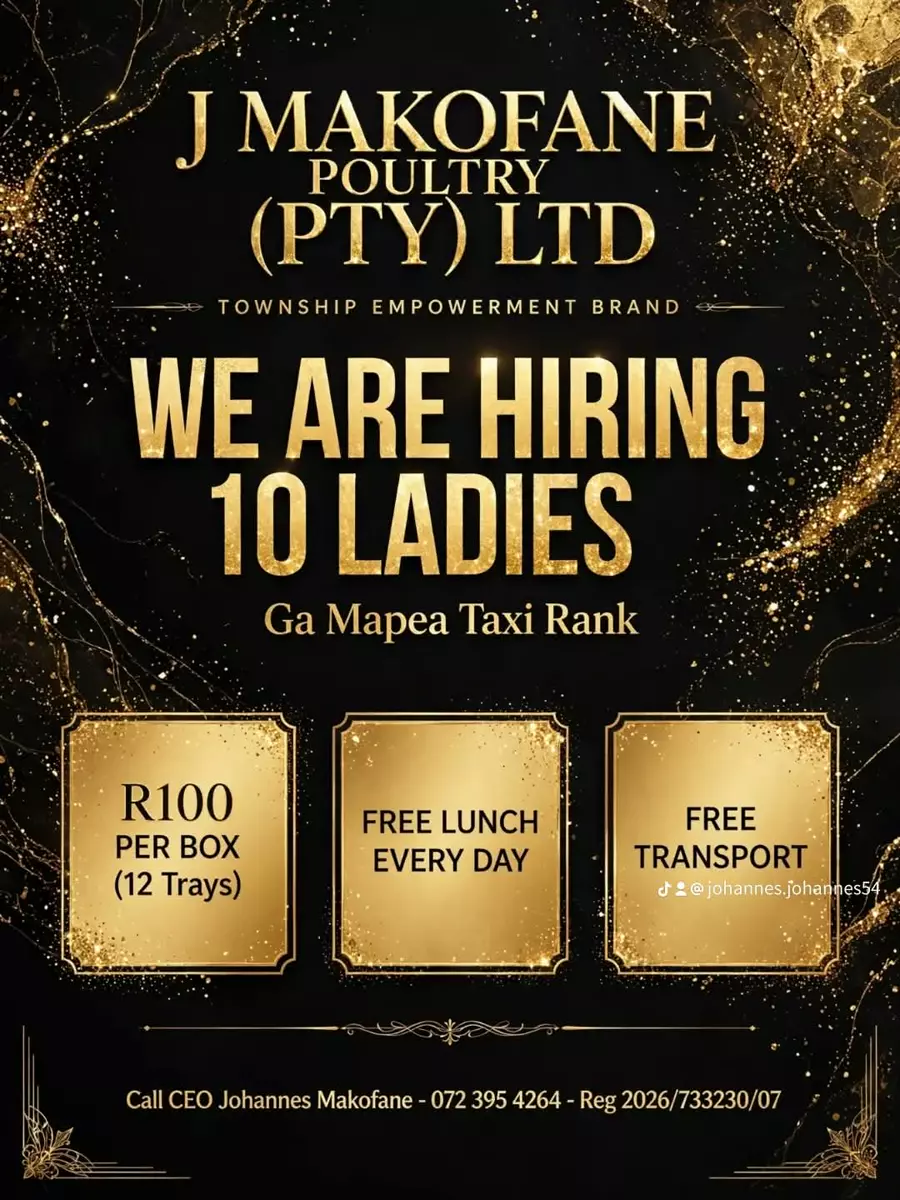 Job recruitment flyer for J Makofane Poultry with gold typography on dark background