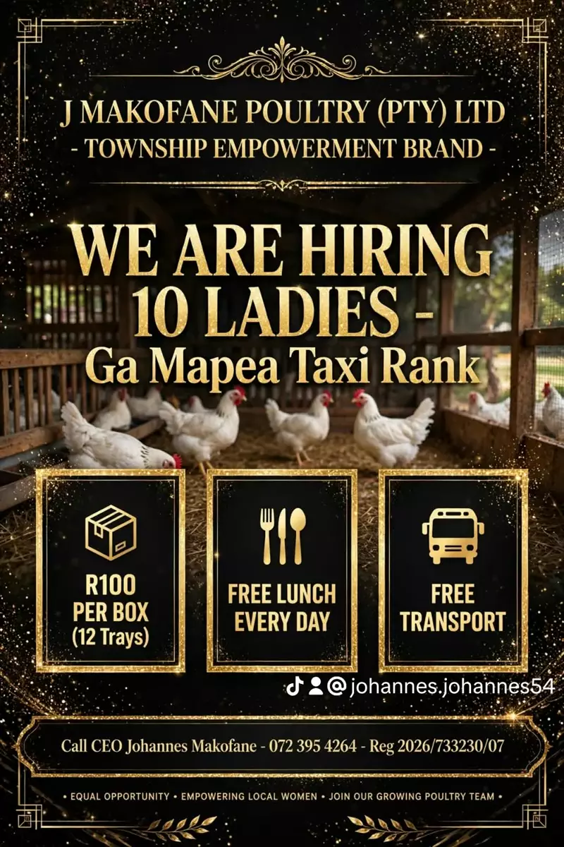 Job recruitment flyer for J Makofane Poultry hiring ten ladies