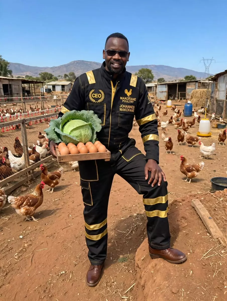 Johannes Makofane, CEO of Makofane Poultry, holding a wooden tray with a cabbage and brown eggs at the poultry farm