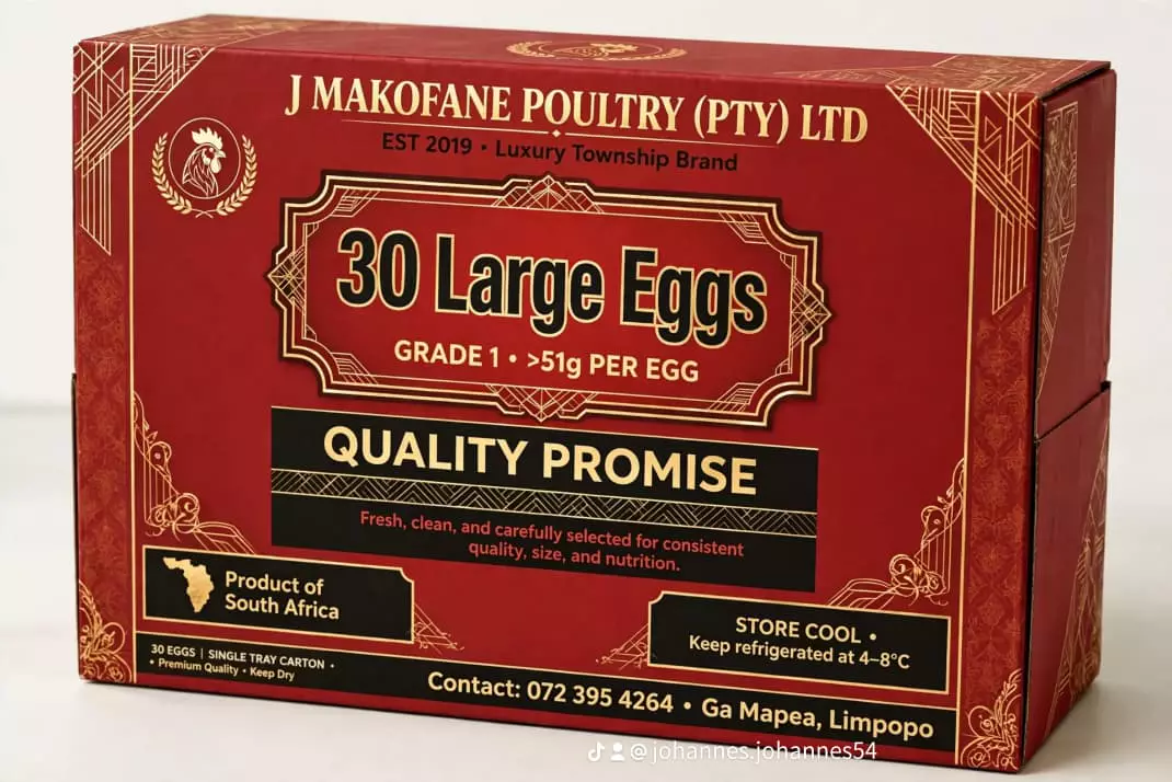 Branded red and gold egg carton packaging for J Makofane Poultry 30 large eggs