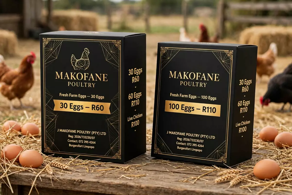 Three black and gold branded egg boxes on a rustic wooden farm table
