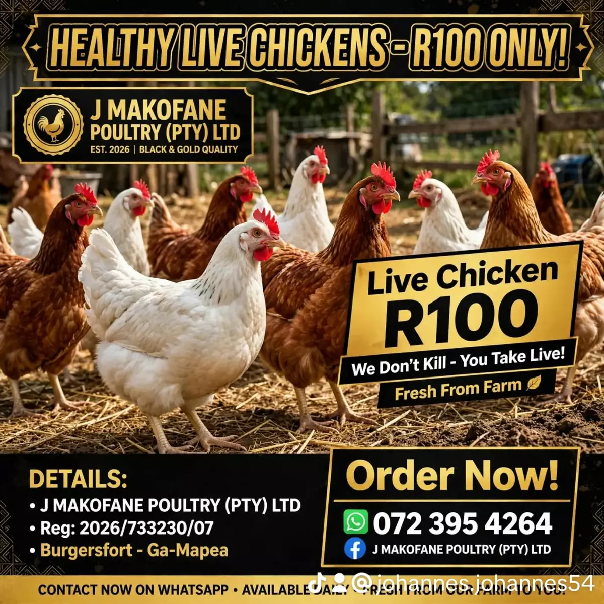 Live chickens advertised for sale at R100 from J Makofane Poultry