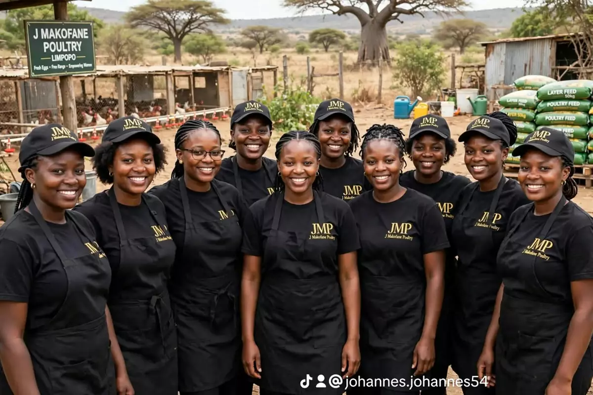 Nine women in matching black uniforms and caps at a rural poultry farm