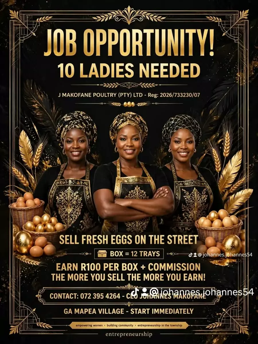 Three women in black and gold aprons and headwraps on a job opportunity poster