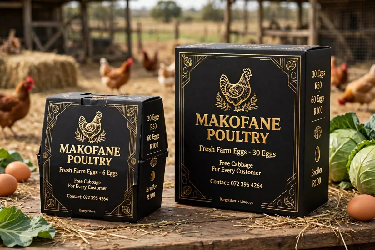 Makofane Poultry egg boxes on a rustic farm table with loose eggs