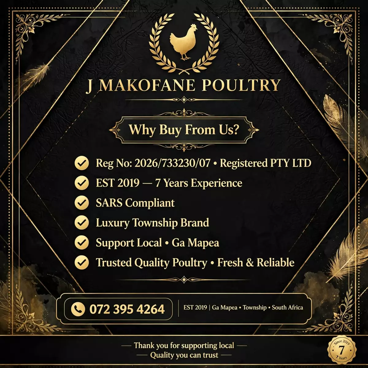 Promotional business flyer for J Makofane Poultry featuring a gold chicken emblem