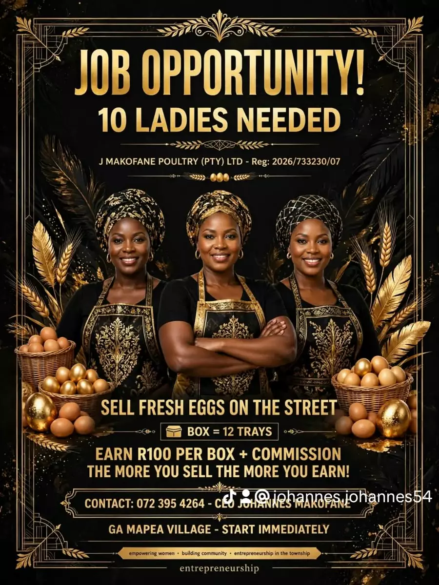 Three women wearing black and gold patterned aprons and headwraps with baskets of eggs