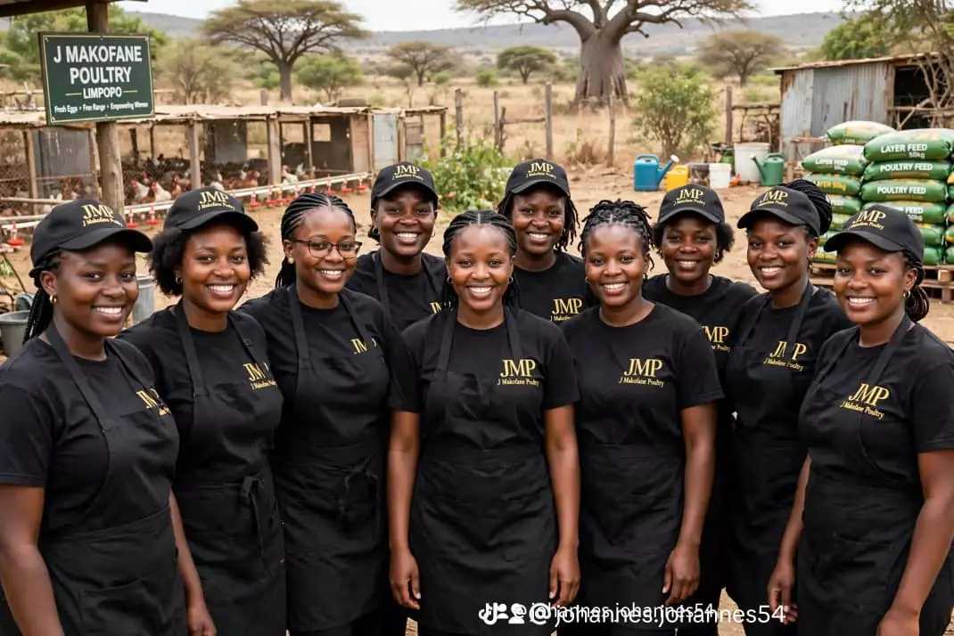 Nine women wearing black branded uniforms and caps at the J Makofane Poultry farm