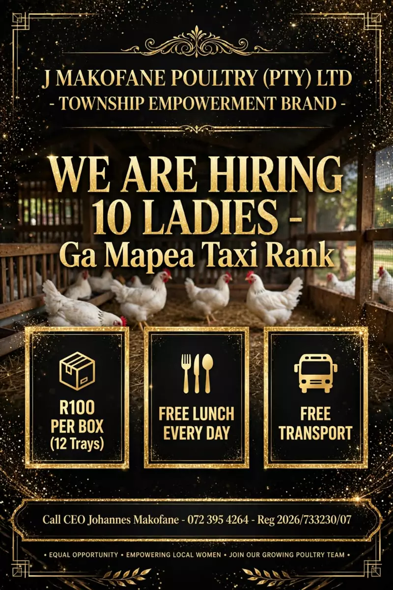 Recruitment flyer for J Makofane Poultry featuring white chickens in a coop background