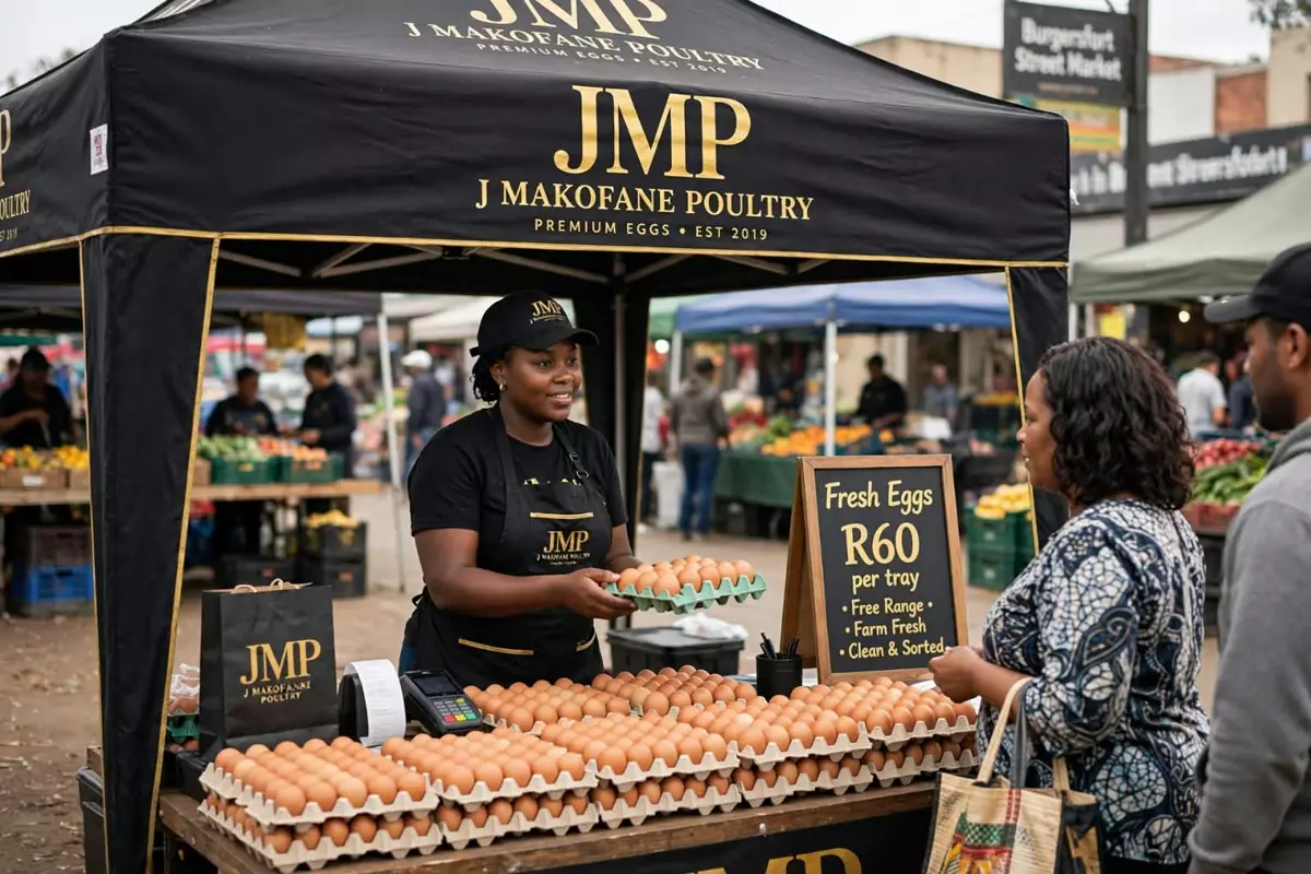 Woman selling fresh eggs at an outdoor market stall for J Makofane Poultry